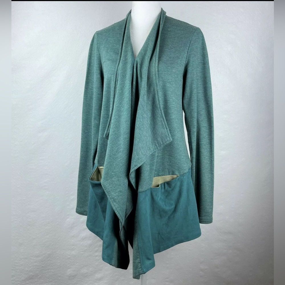 LOGO Lounge Waterfall French Terry Cardigan Faux Suede Hem Pockets Green Sz XL